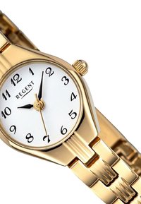 Montre analogique en ton or avec un cadran rond blanc, des chiffres arabes noirs et des aiguilles dorées. Elle est dotée d'un bracelet en métal à maillons.