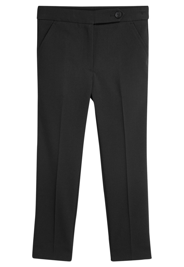 Schwarze, maßgeschneiderte Hose mit glatter Textur, ausgestattet mit zwei Vorderentaschen, einem vorderen Knopfverschluss und einem geraden Beinschnitt.
