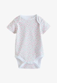 Body de bebé de manga corta en algodón blanco suave, con un pequeño estampado floral rosa y cierres de presión en la parte inferior.