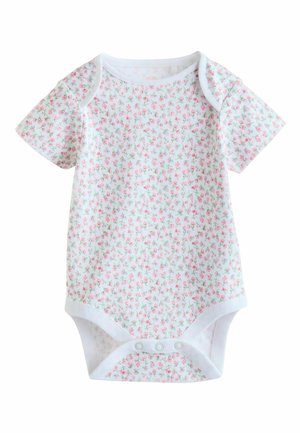 Body bébé à manches courtes en coton blanc doux, orné d'un petit motif floral rose et doté de boutons-pression au bas.
