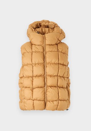 Puffervest i sennepsgul, med en kviltet design og store firkanter, høy krage og glidelås foran. Teksturert stoff.