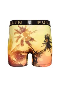 Boxers pour hommes avec un design de coucher de soleil dégradé, comportant des palmiers et des accents circulaires. Fabriqués en tissu doux et extensible avec une taille noire.