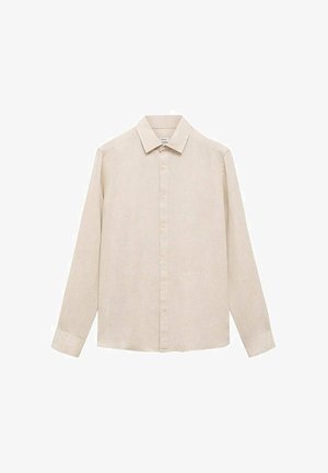 Beige long-sleeve shirt with a button-down collar, made of textured fabric, featuring a front placket and button closure.