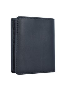 Black leather wallet with a smooth texture, bi-fold design, and visible stitching. Features multiple card slots and a large pocket for bills.
