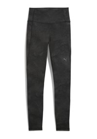 Zwarte legging van rekbaar materiaal met een golvend textuurpatroon en een hoge tailleband, versierd met een klein logo aan de zijkant.