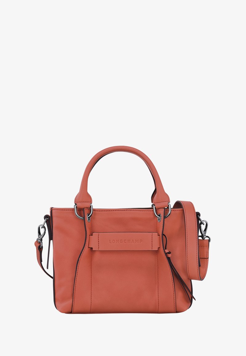 Pomarańczowa skórzana torba na ramię o uporządkowanym kształcie, z krótkimi uchwytami i odpinanym paskiem na ramię. Logo wytłoczone z przodu.