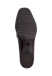 Semelle d'une chaussure de ville marron foncé avec avant et talon texturés, marquée d'un design antidérapant et de la taille 37.