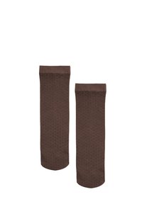 Braune gestrickte Socken mit einem strukturierten Muster, ausgestattet mit einem verstärkten Bündchen und einer glatten Oberfläche, entworfen für Komfort und Langlebigkeit.