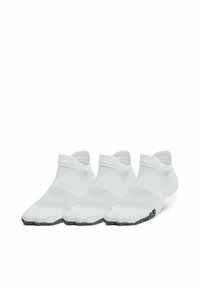 White ankle socks with a textured finish, featuring a black non-slip grip at the toe and a ribbed cuff for secure fit. Set of three pairs.