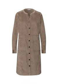 Brun klänning i manchestertyg med långa ärmar, V-ringning, knäppning framtill och två framfickor. Slät textur med klassisk passform.