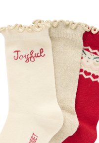 Drei Paar Socken: eines in Creme mit dem Aufdruck "Joyful" in Rot, eines in goldener Glitzeroptik und eines in Rot mit gemusterten Akzenten. Alle haben einen rüschenden oberen Rand.