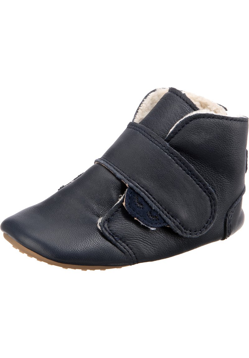 Dunkelmarineblaue Lederstiefel für Säuglinge mit weicher Innenauskleidung, runder Zehenpartie und einem Klettverschluss für ein einfaches An- und Ausziehen. Niedrigprofil-Gummisohle.
