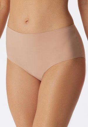 Hochgeschnittene beige Unterwäsche aus glattem, dehnbarem Stoff ohne sichtbare Nähte, die vollständige Abdeckung bietet und eine weiche Textur hat.