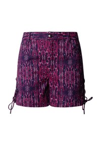 Fialové a námořnicky modré kraťasy s vzorem, zapínáním na knoflík, předními kapsami a nastavitelnými bočními šňůrkami na každé nohavici.