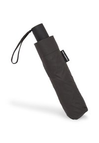 Compact black umbrella in a dark, textured fabric sleeve with a black handle and a strap for carrying. Features a brand label on the side.
