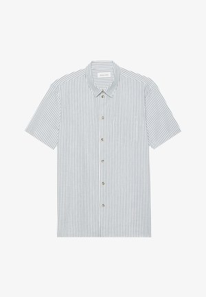 Korte mouw shirt met een kraag, voorzien van verticale lichtblauwe en witte strepen, een borstzak en zes gouden knopen.