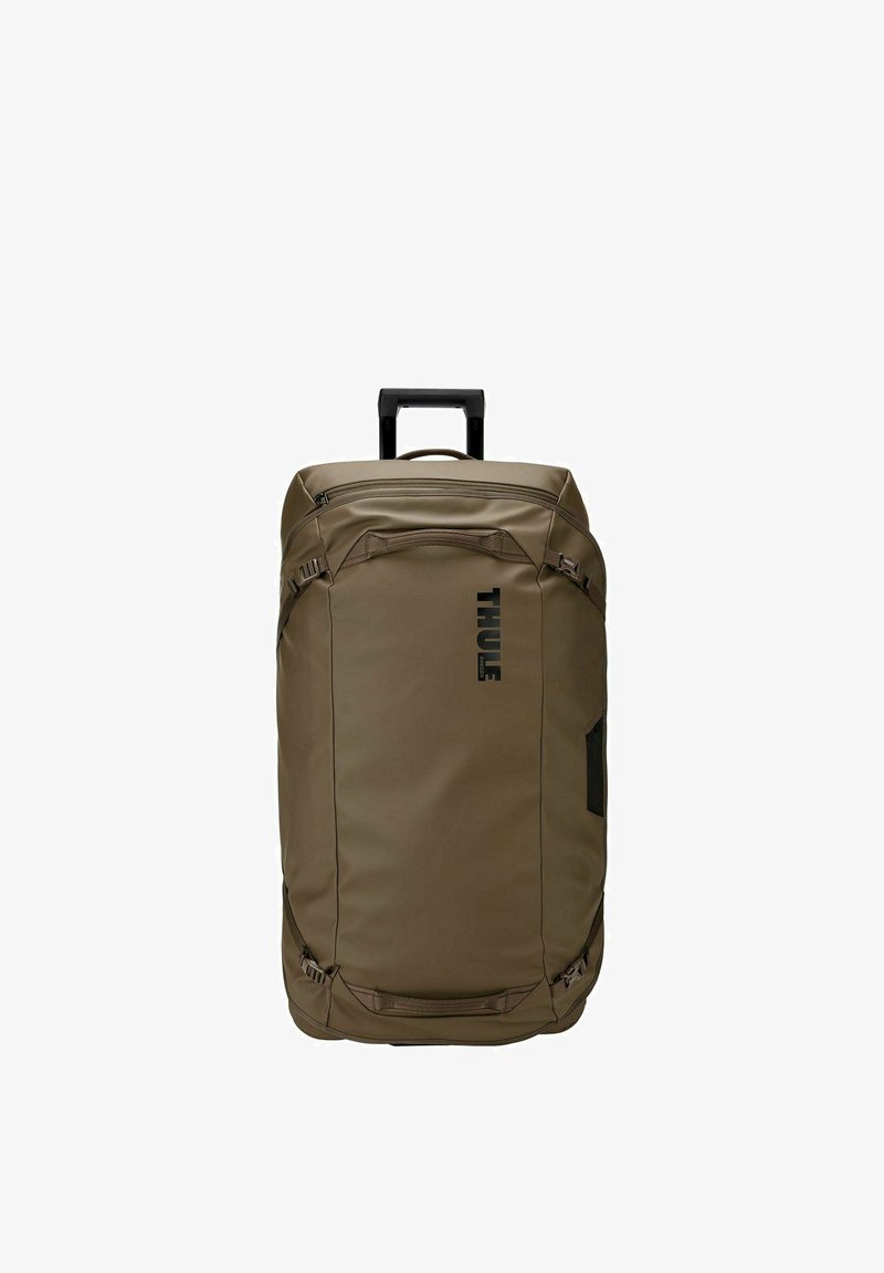Olijfgroene Thule trolleytas met uitschuifbare handgreep, meerdere riemen en een ritsvak aan de voorkant.