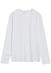 Witte t-shirt met lange mouwen van katoen. Ronde halsontwerp, rechte zoom en kleine logo label aan de onderkant links. Glad van structuur.