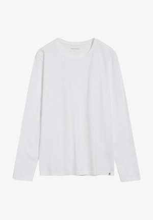 Witte t-shirt met lange mouwen van katoen. Ronde halsontwerp, rechte zoom en kleine logo label aan de onderkant links. Glad van structuur.