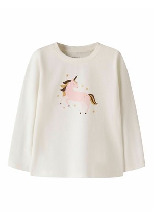 T-shirt crème à manches longues pour tout-petit avec une licorne rose et des étoiles dorées imprimées sur le devant.
