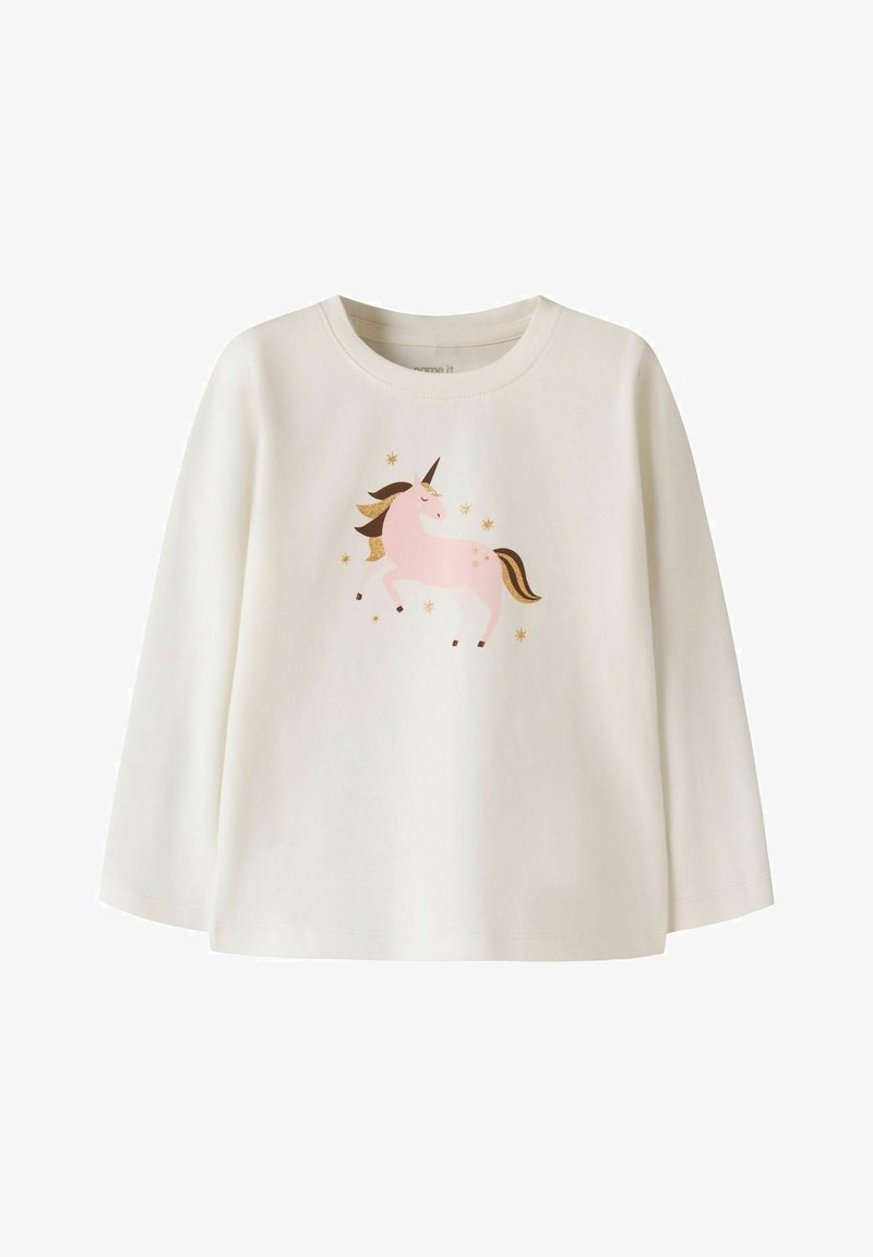 T-shirt crème à manches longues pour tout-petit avec une licorne rose et des étoiles dorées imprimées sur le devant.