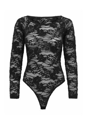 Body negro de encaje de manga larga con patrones florales y escote redondo, con tejido de malla transparente en todo el diseño.