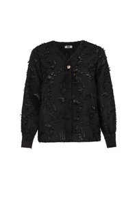 Cardigan nero in tessuto texturizzato con design sfrangiato, scollo a V, maniche lunghe e chiusura con un singolo bottone decorativo.