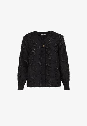 Fekete kardigán strukturált anyagból, szakadozott mintával, V-nyakú, hosszú ujjú, és egy dísz gombos záródással.