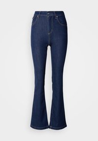 Mørkeblå vidde jeans i denim med høy midje, som har frontlommer, kontrastsøm og knappelukking.