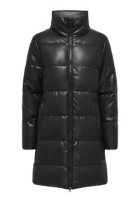 Zwarte pufferjas met hoge kraag, voorzien van een glanzende afwerking, verticale stiksels en zijzakken. Voorpand met ritssluiting.