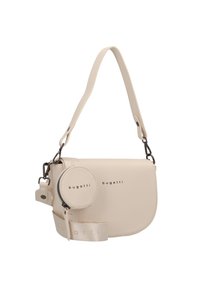 Borsa a tracolla beige in pelle liscia. Dotata di una pochette rotonda rimovibile e tracolla regolabile con logo impresso. Accenti in metallo argentato.