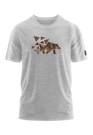 Gray t-shirt featuring a geometric bear design in brown tones, with triangular patterns and a classic crew neckline.