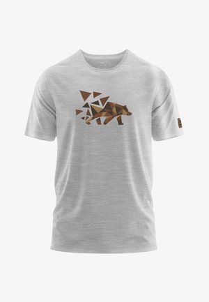 Graues T-Shirt mit einem geometrischen Bärendesign in Brauntönen, mit dreieckigen Mustern und einem klassischen Rundhalsausschnitt.
