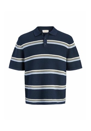 Marineblaues kurzärmliges Poloshirt aus strukturiertem Stoff mit horizontalen weißen, hellblauen und olivgrünen Streifen über Körper und Ärmeln.