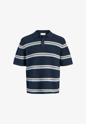 Polo a maniche corte blu navy con tessuto strutturato e righe orizzontali bianche, azzurre chiare e verde oliva sul corpo e sulle maniche.