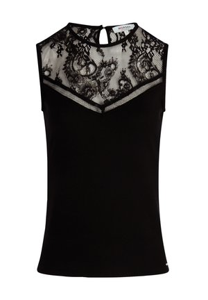 Black sleeveless top featuring a lace yoke and mesh panel, ribbed texture, keyhole back detail, and a fitted design.