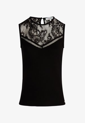 Svart ermeløs topp med blonder, mesh-panel, ribbet tekstur, nøkkelhullsrygg og figursydd design.