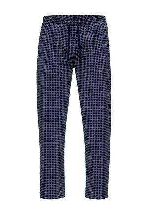 Navy checkered pants with a drawstring waistband, featuring a grid pattern in white. Lightweight fabric, cropped length with side pockets.
