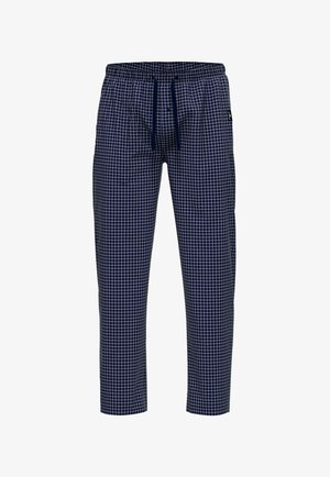 Pantaloni a scacchi blu navy con vita regolabile, caratterizzati da un motivo a griglia bianco. Tessuto leggero, lunghezza cropped e con tasche laterali.