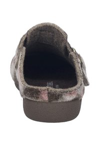 Felt uld slippers i brun med et pinkternet mønster, åben bagside, polstret indersål og en tekstureret gummisål.