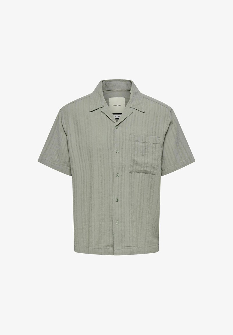 Chemise vert clair à manches courtes avec boutons, col cranté et poche poitrine sur le côté gauche.