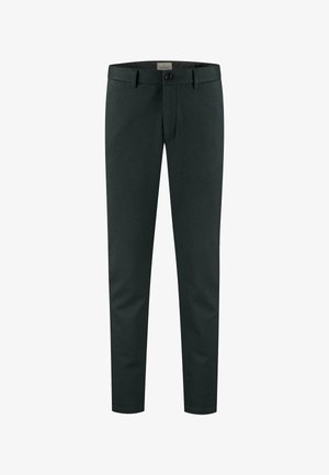 Tumedad roheline kohandatud püksid, mis on valmistatud tekstuurses kangas, varustatud tõmbluku ja nööpiga, vöörihmadega ning kitsas sirge lõikega.