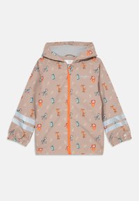 Beige wasserdichte Regenjacke mit buntem Tierdruck, ausgestattet mit einem orangefarbenen Frontreißverschluss, einer Kapuze und reflektierenden Streifen an den Ärmeln.