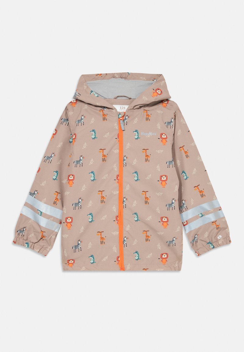 Casaco de chuva impermeável bege com um padrão animal colorido, apresentando um fecho éclair frontal laranja, capuz e riscas refletoras nas mangas.