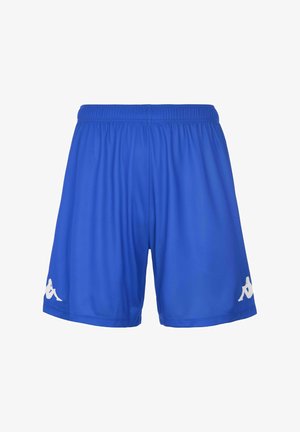 Shorts de sport bleu royal en tissu léger avec une taille élastique et un accent logo blanc sur la jambe gauche. Texture lisse.