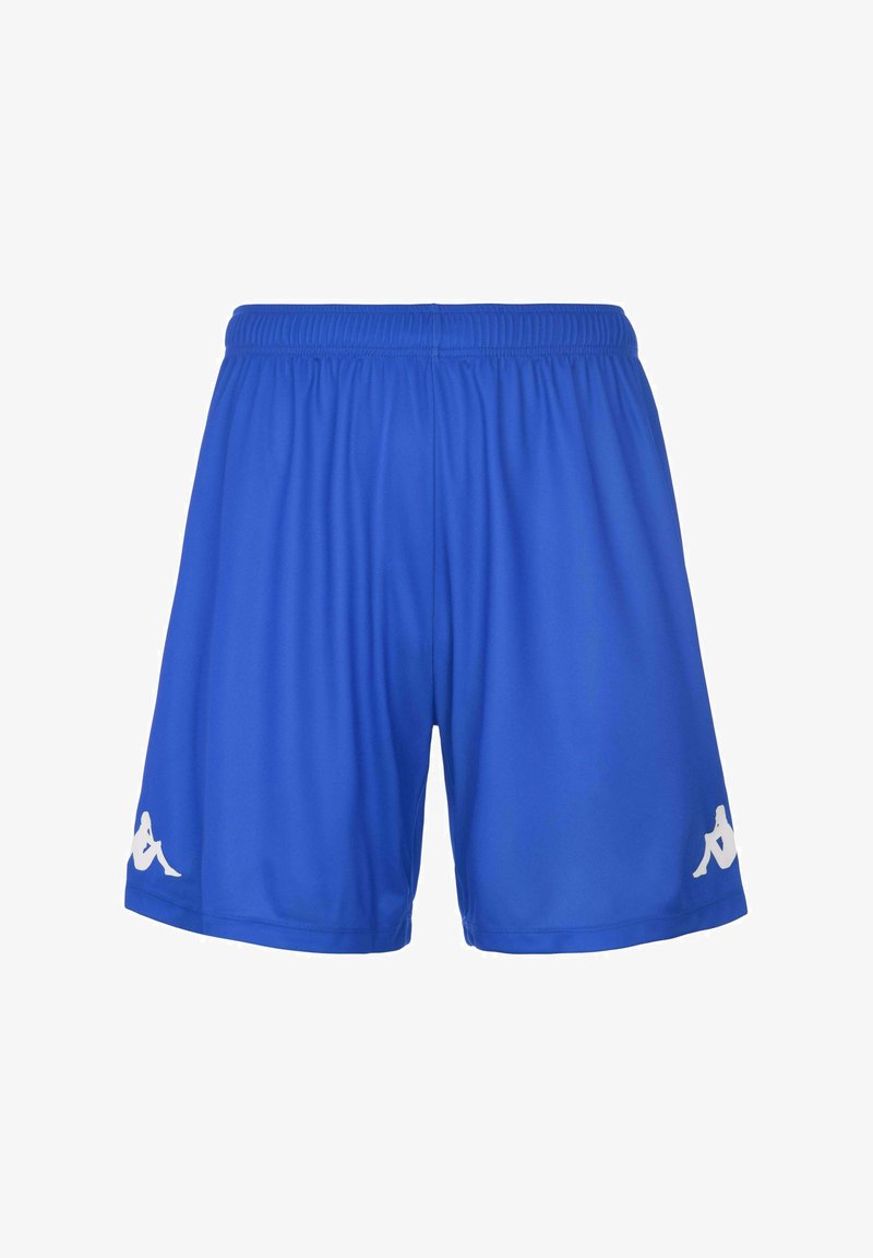 Shorts de sport bleu royal en tissu léger avec une taille élastique et un accent logo blanc sur la jambe gauche. Texture lisse.