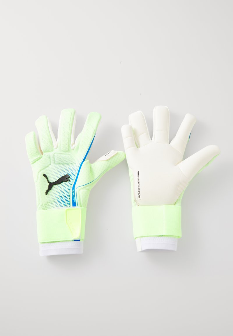 Gants de gardien de but verts avec paume en latex texturé, intérieur blanc et sangles élastiques au poignet. Présente un accent bleu et un logo noir.