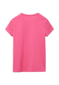 Korte mouwen t-shirt van felroze katoen; ronde halslijn met schone randen, gladde textuur en geen zichtbare patronen of accenten.