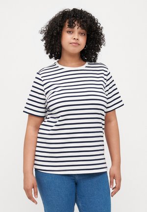 Striped short-sleeve t-shirt in navy and white, round neckline, made of cotton, featuring a relaxed fit and soft texture.
