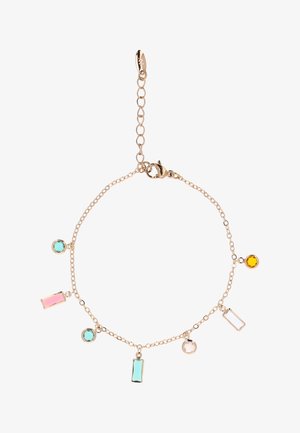 Guld kædearmbånd med syv farverige ædelstensvedhæng i runde og rektangulære former, herunder blå, pink, gul og klare sten.